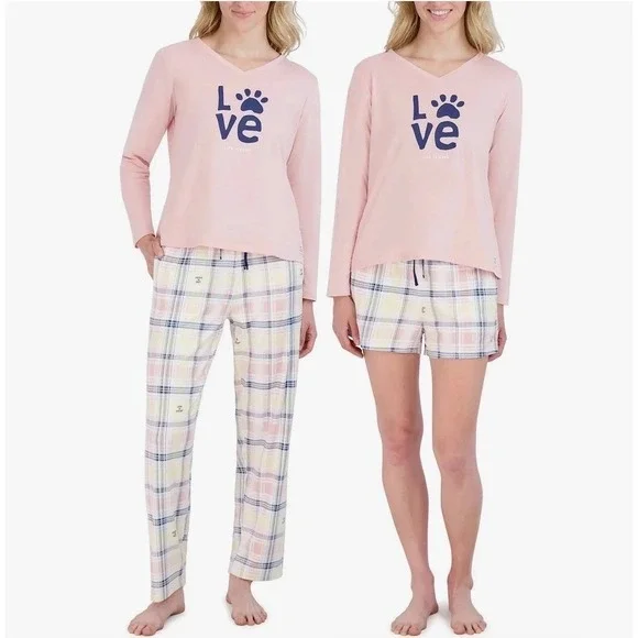 Life Is Good Sleep Pajama Set Womens 2XL Pink LOVE Paw Print 3-Piece - Picture 1 of 10